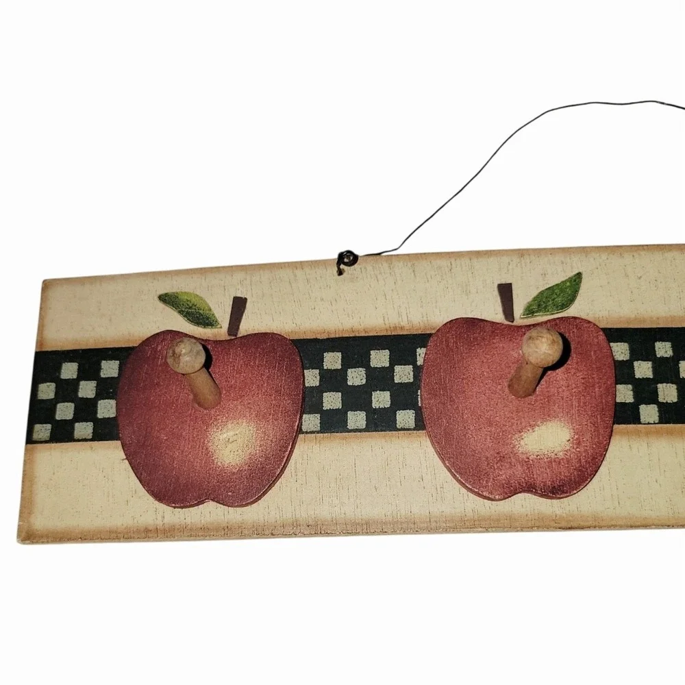 Primitive Country Apple Wooden Peg Rack 4 Hooks Farmhouse Kitchen Wall Decor